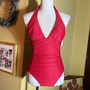 DKNY Size 10 Sexy V-neck Ruched Swimsuit Valentines Red Tie-Neck Slim $103 NEW